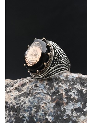 Sıkma Kehribar Taşlı Hasbiyallah Yazılı 925 Ayar Gümüş Yüzük 902011