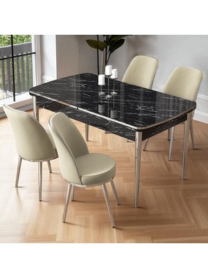 Nira Serisi 70X114 Mdf Siyah Mermer Desen Mutfak Masa Takımı 4 Krem Sandalye Gold Detay