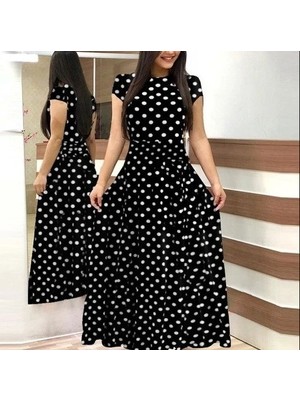 Fy Butik Kadın Kısa Kollu Bisiklet Yaka Puantiyeli Maksi Örme Krep Elbise