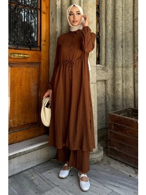 Kendinden Desenli Bel Bağlama Detaylı Tesettür Tunik Pantolon Ikili Takım P-00017823
