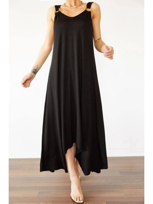 Fy Butik Kadın Çan Dokuma Kumaş V Yaka Asimetrik Kesim Elbise