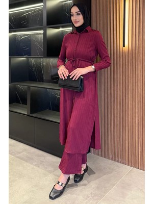 Kendinden Desenli Bel Bağlama Detaylı Tesettür Tunik Pantolon Ikili Takım P-00017823