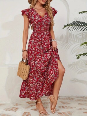 Kadın Kısa Kollu Kruvaze Yaka Beli Lastikli Çiçek Desenli Elbise