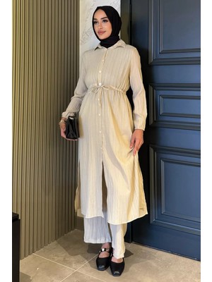 Kendinden Desenli Bel Bağlama Detaylı Tesettür Tunik Pantolon Ikili Takım P-00017823