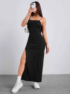 Ag Shoppings Kadın Ip Askılı Yandan Yırtmaçlı Janjan Krep Elbise