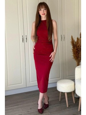La Mode Istanbul Kadın Sıfır Kol Sıfır Yaka Drape Detaylı Midi Janjan Krep Elbise