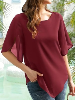 Mira Cotton Kadın Kısa Yırtmaç Kollu Yuvarlak Yaka Şifon Bluz