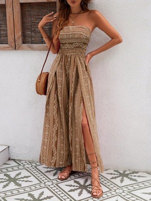 Kadın Yakası Gipe Detaylı Önden Yırtmaç Detaylı Desenli Süprem Pantolon Etek