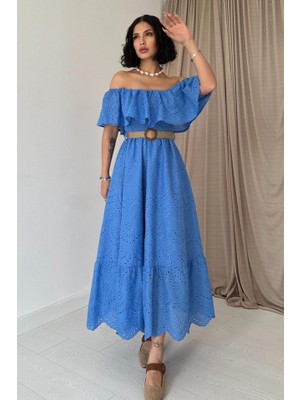 Aisha Elbise Bebe Mavi Omzu Lastikli Brode Elbise