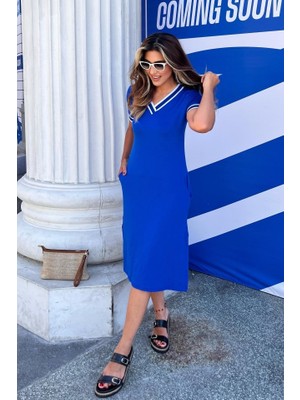 Gökyüzü Moda Kadın Kısa Kollu V Yaka ve Yaka Ribana Detay Midiboy Viskon Elbise