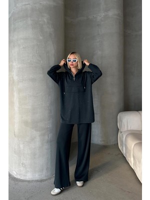 Kapüşonlu Taş Bezeli Premium Kumaş Sweat Pantolon Takım Füme 7984-TK