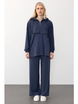 Kapüşonlu Taş Bezeli Premium Kumaş Sweat Pantolon Takım Indigo 7984-TK