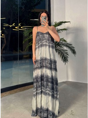 Annesa Askılı Desenli Astarlı Uzun Elbise Füme