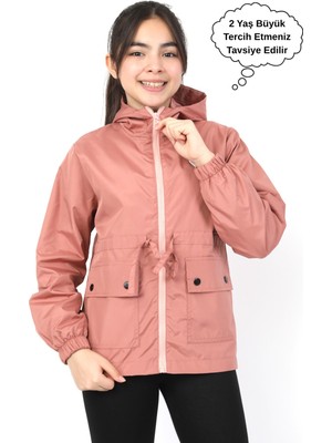 Kız Çocuk Kapüşonlu  Cepli Astarlı Cepli Mevsimlik Yağmurluk