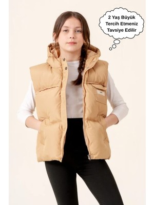 Kız Çocuk Kapüşonlu Cepli Astarlı Mevsimlik Şişme Yelek