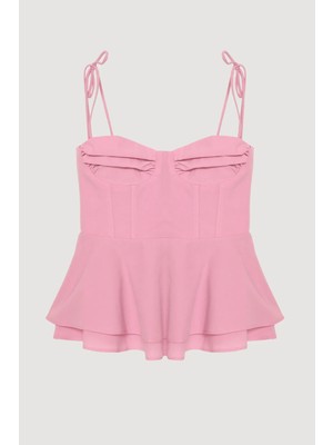 Balenli Bağlama Ip Askılı Bluz Pembe