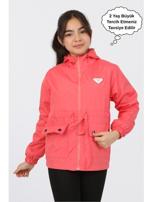 Kız Çocuk Kapüşonlu  Cepli Astarlı Cepli Mevsimlik Yağmurluk
