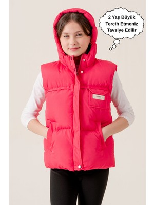 Kız Çocuk Kapüşonlu Cepli Astarlı Mevsimlik Şişme Yelek