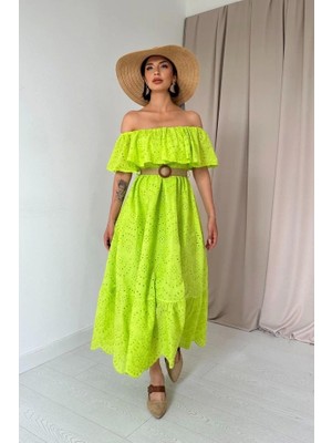 Fy Butik Yağ Yeşili Omzu Lastikli Brode Elbise