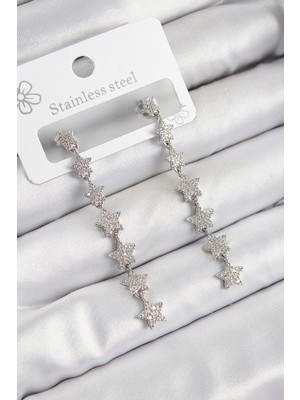 Pirinç Zirkon Taşlı Sallantılı Yıldız Model Gümüş Renk Kadın Küpe