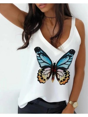 Kadın Kelebek Baskılı Sandy Kumaş Askılı Bluz