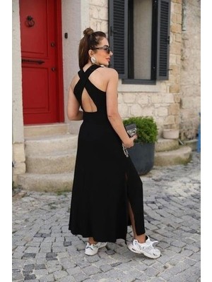 Fy Butik Kadın Arkadan Çapraz Detay Yuvarlak Yaka Maksi Viskon Elbise