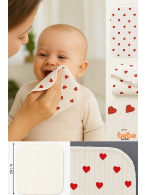 Trend Bebe Butik 7’li Minik Kalp Desenli Pamuk Ribana Bebek Ağız Mendili Yumuşak ve Emici Ağız Bezi Seti 20X20CM