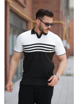 Fy Butik Erkek Çizgi Desenli Yakalı Kısa Kollu T-Shirt