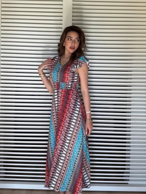 Kadın Kısa Kollu V Yakalı Desenli Yandan Yırtmaçlı Süprem Elbise