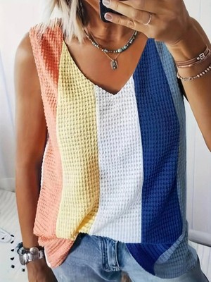 Fy Butik Kadın Askılı V Yakalı Çok Renkli Triko Bluz