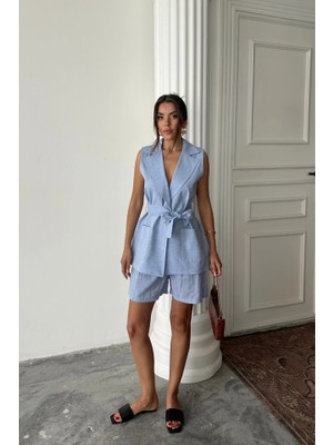 Fy Butik Keten Yelek - Şort Takım - Mavi