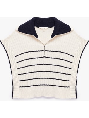 Koton Yanları Yırtmaçlı Yarım Fermuarlı Polo Yaka Çizgili Triko Süveter