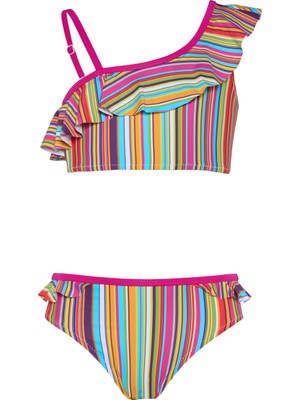 Kız Çocuk Çok Renkli Çizgili Fuşya Biyeli Bikini Takımı 25SG001ST