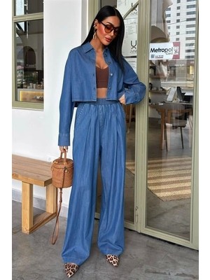 Denim Gömlek Plazzo Pantolon Takım 10163-08