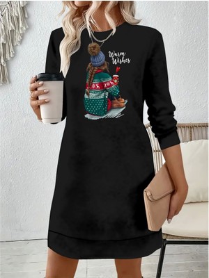 Fy Butik Kadın Uzun Kollu Bisiklet Yaka Desenli Viskon Iki Iplik Elbise