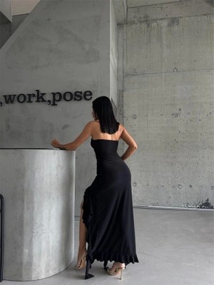 Strablez Sandy Elbise Yanları Katlı - Siyah