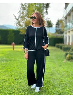 Fy Butik Kadın Bisiklet Yaka Truvakar Kol Biye Detay Bluz ve Yüksek Bel Lastikli Pantolon Ikili Takım