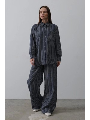 Çizgili Cep Detaylı Oversize Takım - Lacivert