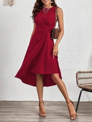 Kadın Sıfır Kollu Bisiklet Yaka Büzgülü Asimetrik Kesim Detaylı Janjan Krep Elbise