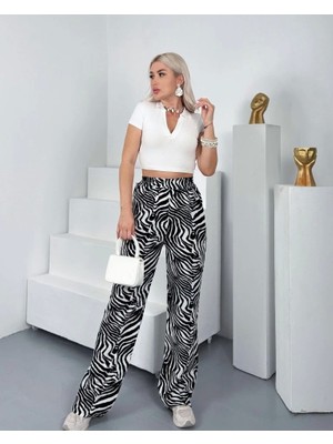 Fy Butik Kadın Desenli Dokuma Viskon Kumaş Cepli Bol Paça Pantolon