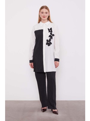 Siyah Çizgili Çiçek Desen Ikili Takım