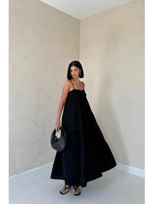 Siyah Askılı Parçalı Müslin Elbise