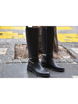 Kindep Termo Kaymaz Taban Fermuarlı Kadın Streç Çizme Siyah