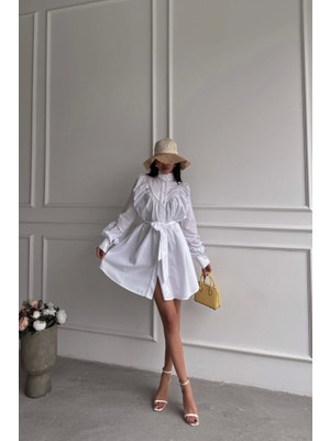 Fy Butik Önden Düğmeli Poplin Kloş Elbise Bağlama Kemer Detaylı - Beyaz