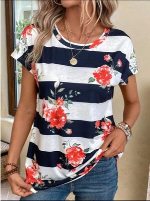 Fy Butik Kadın Çiçek Desenli Yatay Şeritli Bisiklet Yaka Tişört