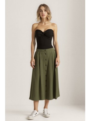 Vitrin Önü Düğmeli Midi Boy Etek