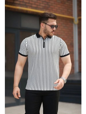 Fy Butik Erkek Çizgili Fermuar Yakalı Kısa Kollu Tişört