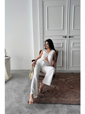Keten Tek Düğme Yelek-Pantolon Takım - Beyaz