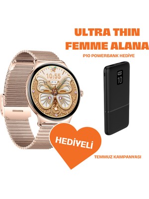 Logia Powerbank  Ultra Thin Femme Akıllı Saat Yuvarlak Çelik Kasa Metal Kordon Gold