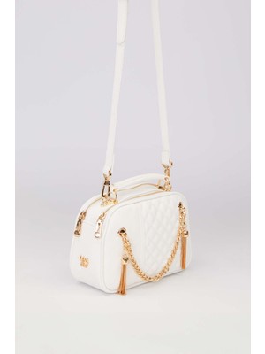 Beyaz Zincir Saçak Detaylı Omuz Çantası